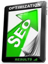 Written SEO - Search engine optimization with green arrow, globe and tablet pc